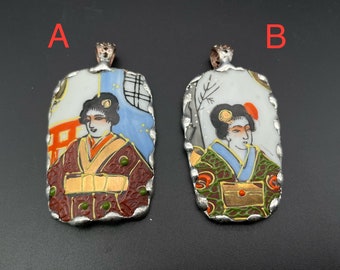 1 PC Vintage Japanese broken china pendant, hand-painted geisha figures, 2 1/4x 1 1/4 inches, Unique lovely great gift!