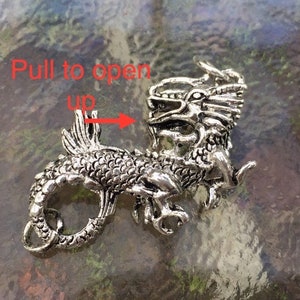 May include: Silver dragon charm with a pull-to-open feature. The charm is detailed with scales and has a loop for attaching to a necklace or bracelet. The text "Pull to open" is visible on the image.