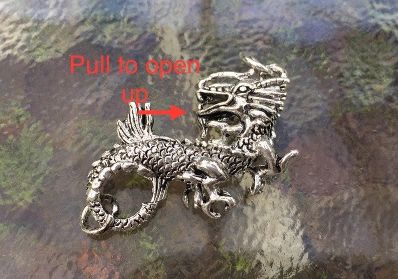 May include: Silver dragon charm with a pull-to-open feature. The charm is detailed with scales and has a loop for attaching to a necklace or bracelet. The text "Pull to open" is visible on the image.