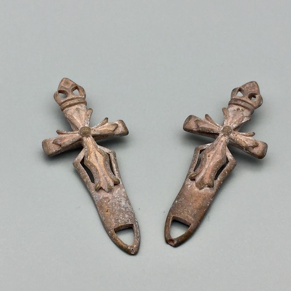 2 pc solid brass/copper large cross shape pendants, 2 1/2 x 1 inch, nice details. Not polished or treated, rustic style, unique gift