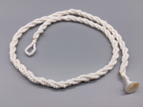 White Seed Bead Necklace: Twisted 3-Strand, Mother of Pearl Button (18 inch)