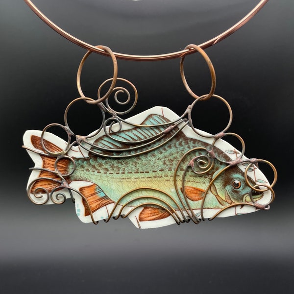 Large (5x3 1/4 inches) vintage broken china pendant, lovely fish with copper rings, from a Poland plate made in the 1940s,unique great gift!