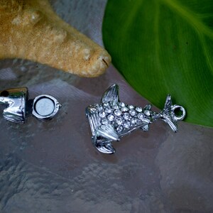 May include: A silver charm in the shape of a shark with rhinestones. The charm is open and has a magnetic closure.