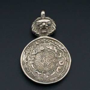 Brass Chinese Zodiac Lion Pendant: Rustic Eight Trigrams 2.25 x 1.25 inch