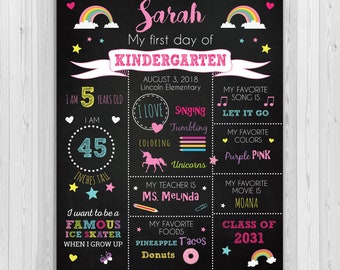 First day of Kindergarten sign, First day of school sign, Girls Rainbow School Chalkboard poster, 1st day Back to School Sign Printable