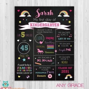 Panneau premier jour de maternelle, panneau premier jour d&#39;école, affiche de tableau scolaire arc-en-ciel pour filles, panneau 1er jour de la rentrée scolaire imprimable