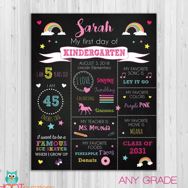 First day of Kindergarten sign, First day of school sign, Girls Rainbow School Chalkboard poster, 1st day Back to School Sign Printable
