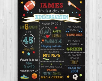 First day of Kindergarten sign, First day of school sign, Boys Kindergarten Chalkboard poster, Boys Kindergarten sign, Sport Theme