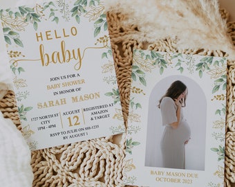 Greenery Baby Shower Invitation, Hello baby invite Gender Neutral baby shower, Eucalyptus Editable invitation