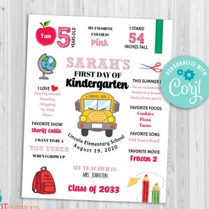 Letrero editable para el primer día de clases, letrero para el regreso a clases, pizarra para el primer día de clases, imprimible para el regreso a clases, póster para niñas de jardín de infantes.
