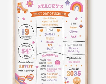First day of school sign printable, Back to School sign, First day of school sign, School picture board, Girls sign, Groovy Roller Skate