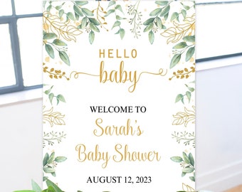 Greenery Baby Shower Welcome Sign, Hello baby Gender Neutral baby shower, Baby Shower sign, Printable Welcome sign Eucalyptus Poster