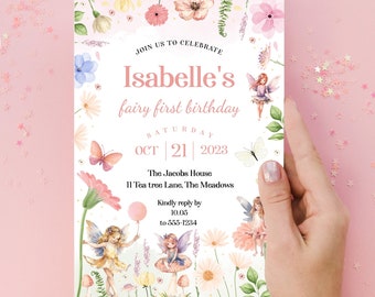 Fairy First Birthday editable invitation, 1st birthday girl, Girls First Birthday Fairy Invitation, Wildflower Enchanted Forest invite