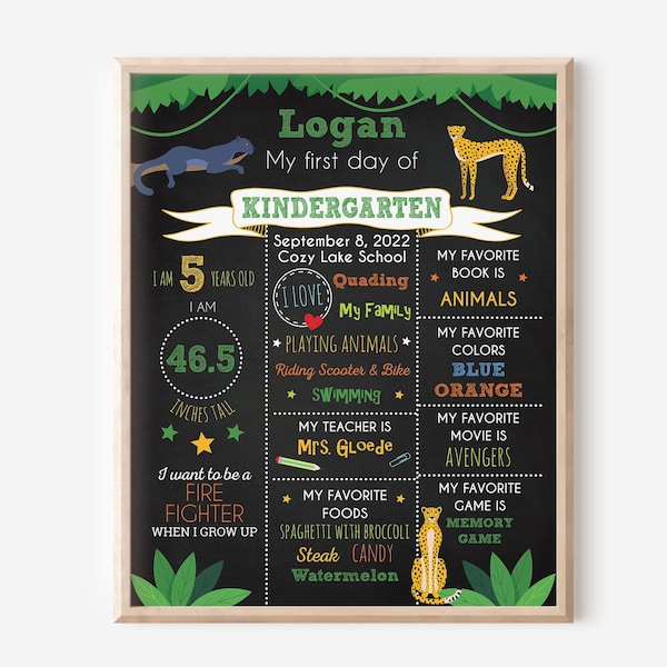 First day of Kindergarten sign, First day of school sign, Jungle Theme, school printable, Boys Kindergarten Chalkboard poster