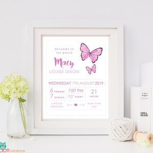 Birth details print Pink Purple Butterfly, Nursery wall art, Baby girl Birth announcement Sign, Birth Stats sign, Personalized baby gift
