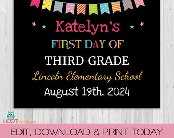 First day of school sign editable, Back to School sign, 1st day of school chalkboard, Back to School printable, kindergarten poster girls