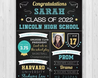 May include: Black and white chalkboard sign with a blue and yellow graduation announcement for Sarah. The sign includes a photo of Sarah, her accomplishments, and future plans. The text reads "Congratulations Sarah Class of 2022 Lincoln High School".