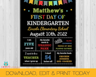May include: A black chalkboard sign with colorful bunting at the top. The sign says "Matthew's First Day of Kindergarten" and includes details about Matthew, such as his age, favorite movie, and favorite foods. The sign also includes the school name, Lincoln Elementary School, and the date, August 10th, 2022.