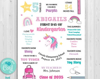 First day of Kindergarten sign, Unicorn First day of school sign for Back to School, 1st day of school, School picture board for girl