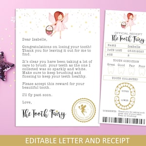 Tooth Fairy Letter and Tooth fairy Receipt, Tooth fairy pillow accessory, Editable Tooth Fairy Printable, First Tooth Certificate