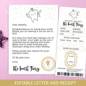 Tooth Fairy Letter and Tooth fairy Receipt, Tooth fairy pillow accessory, Editable Tooth Fairy Printable, First Tooth Certificate image 1