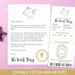 Tooth Fairy Letter and Tooth fairy Receipt, Tooth fairy pillow accessory, Editable Tooth Fairy Printable, First Tooth Certificate image 1