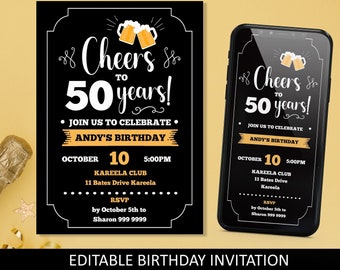 Editable 50th birthday invitation for men with matching Smartphone invite, 50th birthday men, mens invitation, cheers to 50 years