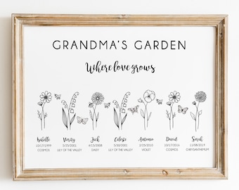 Mormors trädgård Mors dag-present till mormor - Blomtryck med födelsemånad - Personlig familjepresent till morförälder - Familjetryck