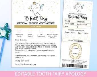 Tooth Fairy Letter of Apology and Tooth Fairy Receipt, Tooth Fairy forgot to come note, Editable Tooth Fairy Printable, Fairy late note