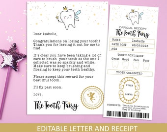 Tooth Fairy Letter and Tooth fairy Receipt, Tooth fairy pillow accessory, Editable Tooth Fairy Printable, First Tooth Certificate