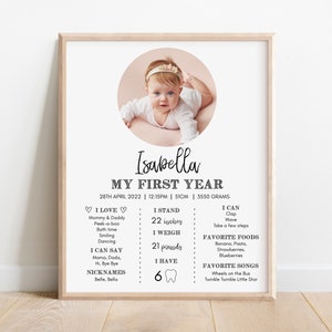 First Birthday Milestone Sign, Baby Milestone board, 1st birthday stats, 1st Birthday Milestone poster, Editable Template with Photo