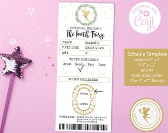 Editable Tooth fairy Receipt and Tooth Fairy Letter, Tooth fairy pillow accessory, Tooth Fairy Printable, First Tooth Certificate