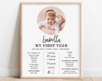 First Birthday Milestone Sign, Baby Milestone board, 1st birthday stats, 1st Birthday Milestone poster, Editable Template with Photo