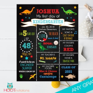 Pode incluir: Um cartaz estilo quadro negro com ilustrações coloridas de dinossauros e texto. O cartaz diz "Joshua, Meu primeiro dia de jardim de infância" e inclui detalhes como idade, altura, coisas favoritas e o nome do professor. O cartaz é decorado com estrelas, corações e notas musicais.