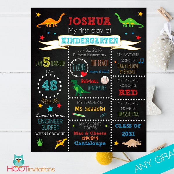 First day of Kindergarten sign, First day of school sign, Boys Kindergarten Chalkboard poster, Boys Kindergarten sign, Dinosaur Theme