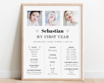 Baby Milestone board, First Birthday Milestone Sign, 1st birthday stats, 1st Birthday Milestone poster, Editable Template with Photo