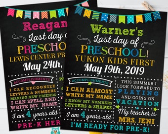 Last day of Preschool sign, Last day of school sign, Girls Preschool PreK Chalkboard poster, Preschool Graduation sign