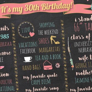 Puede incluir: Un p&oacute;ster de cumplea&ntilde;os estilo pizarra con una pancarta rosa en la parte superior que dice "&iexcl;Es mi cumplea&ntilde;os n&uacute;mero 30!" El p&oacute;ster enumera detalles sobre la vida de la persona, incluyendo su a&ntilde;o de nacimiento, estado de origen, cosas favoritas y una cita favorita. El p&oacute;ster est&aacute; decorado con estrellas, corazones y otros elementos decorativos.