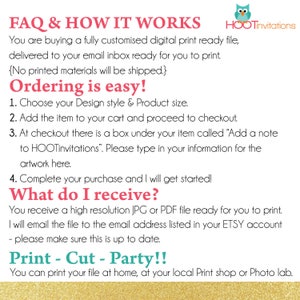 Puede incluir: Un dise&ntilde;o digital imprimible para una fiesta. El texto de la imagen dice "FAQ & HOW IT WORKS" y "Ordering is easy!" con una lista de pasos para ordenar. El texto tambi&eacute;n dice "What do I receive?" y "Print - Cut - Party!!" con instrucciones sobre c&oacute;mo imprimir el dise&ntilde;o.