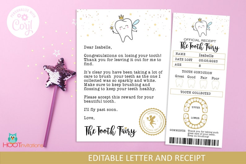 Tooth Fairy Letter and Tooth fairy Receipt, Tooth fairy pillow accessory, Editable Tooth Fairy Printable, First Tooth Certificate image 1