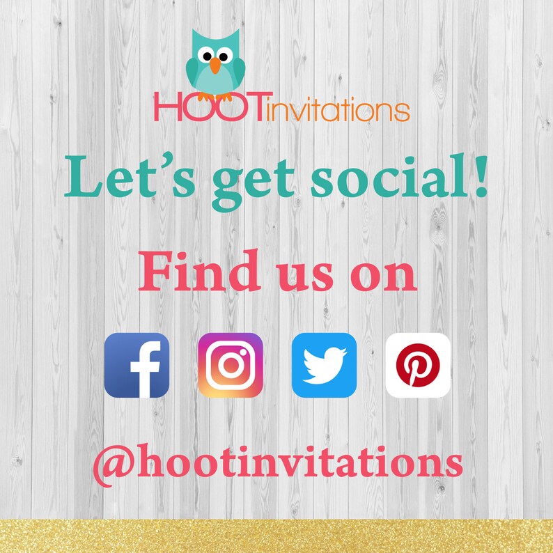 Puede incluir: Un gr&aacute;fico con un b&uacute;ho azul y el texto "HOOTinvitations" en naranja y blanco. El texto "Let's get social! Find us on" est&aacute; en rosa. Se muestran iconos de redes sociales para Facebook, Instagram, Twitter y Pinterest con el texto "@hootinvitations" en rosa.