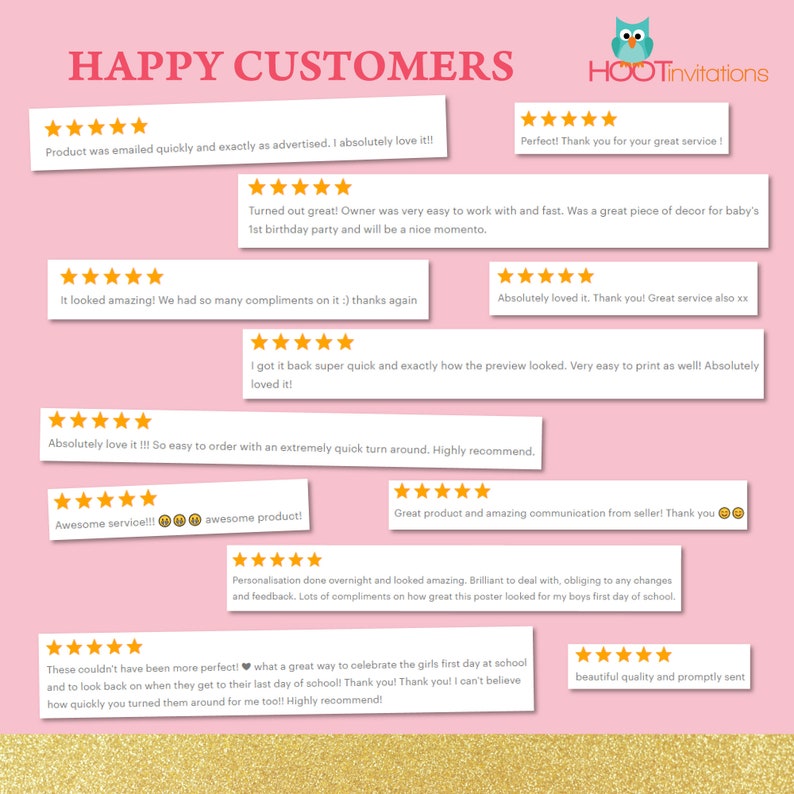 May include: A pink background with gold glitter accents features multiple customer reviews for a digital product. The reviews are all positive and include five-star ratings. The text includes phrases like "absolutely love it", "amazing communication", "highly recommend", and "beautiful quality".