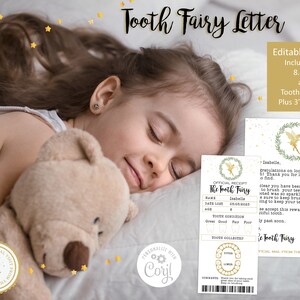 May include: A printable tooth fairy letter template with a gold and green design. The template includes a receipt for the tooth fairy and a letter to the child. The text on the receipt reads "Official Receipt The Tooth Fairy" and the text on the letter reads "Isabelle, Congratulations on loosing your first tooth. Thank you for leaving it out for me to find. It is clear you have been taking a lot of care to brush your teeth as the one I visited was so sparkly and white. Be sure to keep brushing and flossing to keep your teeth healthy. Please accept this reward for your first tooth. By past soon. The Tooth Fairy".