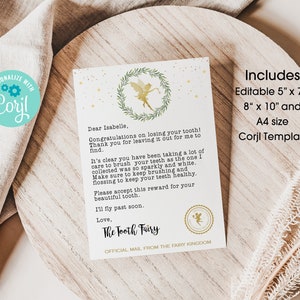 May include: A printable tooth fairy letter template with a green wreath and a fairy illustration. The letter is addressed to Isabelle and includes the text "Congratulations on losing your tooth! Thank you for leaving it out for me to find." The template is available in 5x7, 8x10, and A4 sizes.