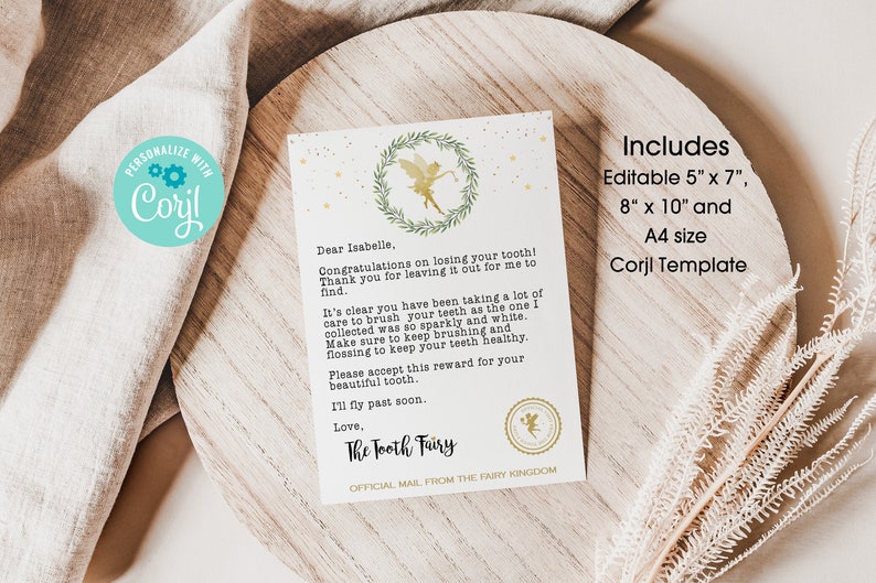 May include: A printable tooth fairy letter template with a green wreath and a fairy illustration. The letter is addressed to Isabelle and includes the text "Congratulations on losing your tooth! Thank you for leaving it out for me to find." The template is available in 5x7, 8x10, and A4 sizes.