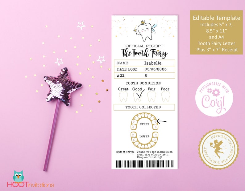 Tooth Fairy Letter and Tooth fairy Receipt, Tooth fairy pillow accessory, Editable Tooth Fairy Printable, First Tooth Certificate image 9