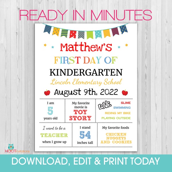 First day of school sign editable, Back to School sign, 1st day of school, Back to School printable, kindergarten poster BOYS, White