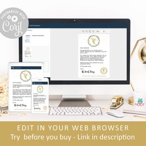 May include: A computer screen displaying a printable tooth fairy letter template with a gold and pink fairy illustration. The text on the screen reads "Congratulations on loosing your tooth! Thank you for leaving it out for me to find." The text also includes "Love, The Tooth Fairy". The screen is on a desk with a white mouse, a gold keyboard, and a gold mug with a blue owl on it. The text "EDIT IN YOUR WEB BROWSER" is displayed below the image. The text "Try before you buy - Link in description" is displayed below the text "EDIT IN YOUR WEB BROWSER".