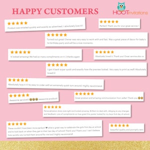 Puede incluir: Un fondo rosa con texto blanco que dice "HAPPY CUSTOMERS" y "HOOTinvitations".  Hay varias rese&ntilde;as de cinco estrellas con comentarios positivos sobre los productos y servicios del vendedor.  Las rese&ntilde;as incluyen comentarios como "&iexcl;Me encanta!!", "&iexcl;Qued&oacute; genial!", "&iexcl;Se ve&iacute;a incre&iacute;ble!", "Me encant&oacute;.", "Lo recib&iacute; s&uacute;per r&aacute;pido", "&iexcl;Me encanta!!!", "&iexcl;Servicio incre&iacute;ble!!!", "Gran producto y comunicaci&oacute;n incre&iacute;ble", "La personalizaci&oacute;n se hizo de la noche a la ma&ntilde;ana", "&iexcl;No podr&iacute;a haber sido m&aacute;s perfecto!" y "hermosa calidad y env&iacute;o r&aacute;pido".