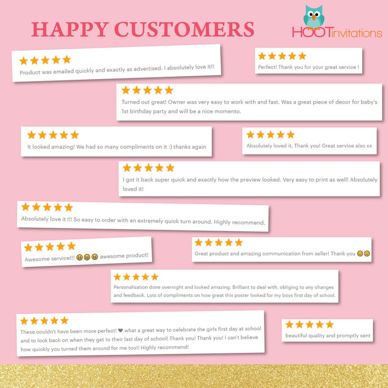 Puede incluir: Un fondo rosa con texto blanco que dice "HAPPY CUSTOMERS" y "HOOTinvitations".  Hay varias rese&ntilde;as de cinco estrellas con comentarios positivos sobre los productos y servicios del vendedor.  Las rese&ntilde;as incluyen comentarios como "&iexcl;Me encanta!!", "&iexcl;Qued&oacute; genial!", "&iexcl;Se ve&iacute;a incre&iacute;ble!", "Me encant&oacute;.", "Lo recib&iacute; s&uacute;per r&aacute;pido", "&iexcl;Me encanta!!!", "&iexcl;Servicio incre&iacute;ble!!!", "Gran producto y comunicaci&oacute;n incre&iacute;ble", "La personalizaci&oacute;n se hizo de la noche a la ma&ntilde;ana", "&iexcl;No podr&iacute;a haber sido m&aacute;s perfecto!" y "hermosa calidad y env&iacute;o r&aacute;pido".